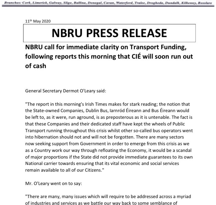 NBRU call for immediate clarity on Transport Funding, following reports this morning that CIÉ will soon run out of cash